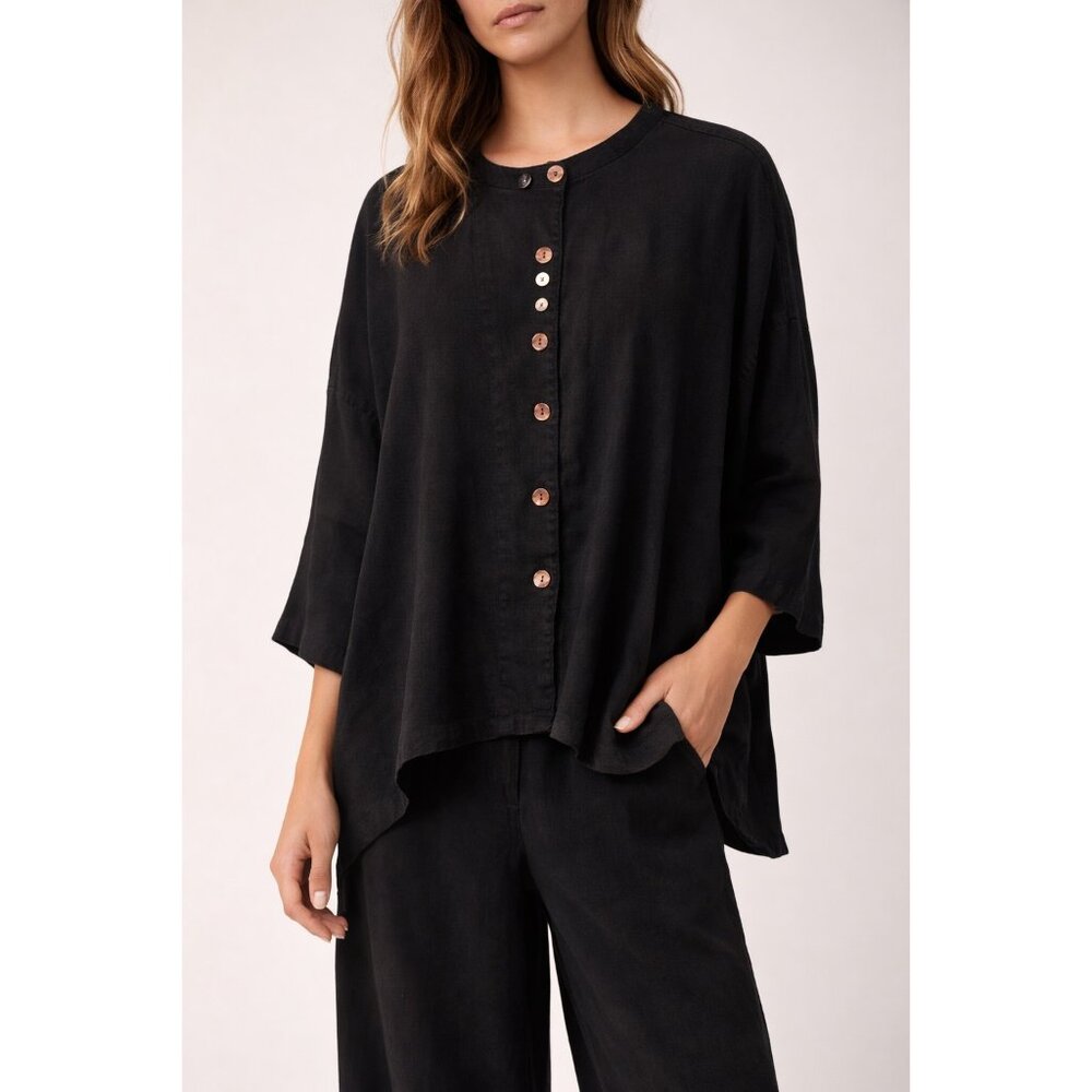 Gerties Black Linen Feel Button Front Oversized Top XL Made USA